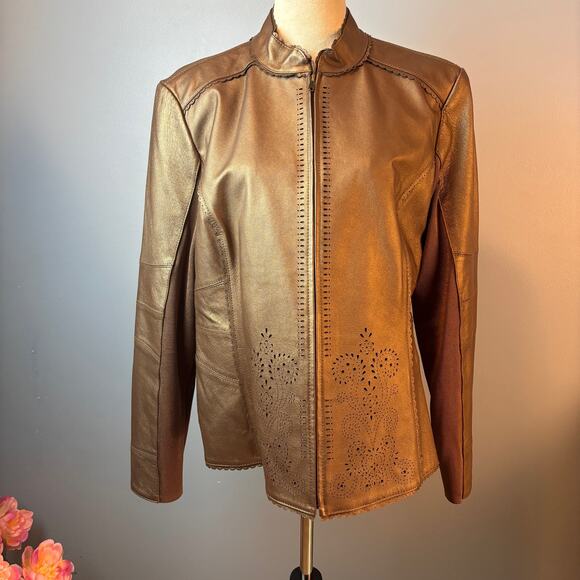 Nygard Collection Leather Jacket Bronze Laser Cut Zip Up Womens Large Petite - Picture 2 of 9